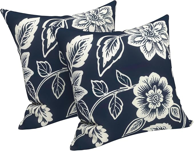 LVTXIII Outdoor Throw Pillows 16x16 Inch, Set of 2 Square Decorative Pillows with Inserts for Patio Furniture, Porch Chair, Garden Sofa, Elegant Vines Navy