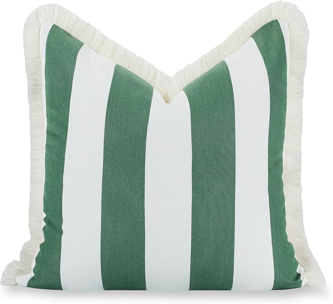 Hofdeco Premium Coastal Hampton Outdoor Performance Throw Pillow Cover Only, 20"x20" Water Repellent, UV and Fade Resistant for Backyard, Couch, Poolside, Green Woven Beach Stripes