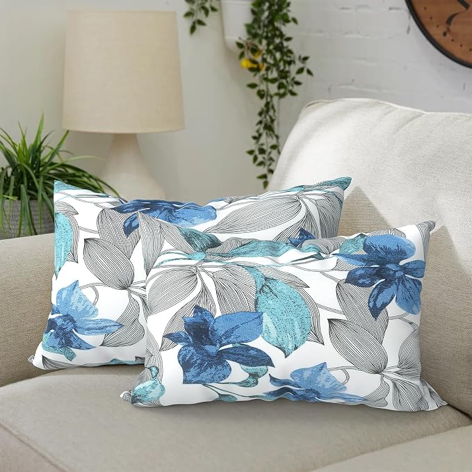 DYTXIII Pack of 2 Outdoor Waterproof Lumbar Pillow Covers ONLY, 12x20 Rectangle Decorative Double Printed Pillow Cases for Patio Couch Porch Furniture - Clemens Noir Blue