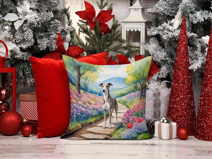 Caroline's Treasures Whippet Spring Path Throw Pillow Machine Washable, Indoor Outdoor Decorative Pillow for Couch, Bed or Patio, 14Hx14W