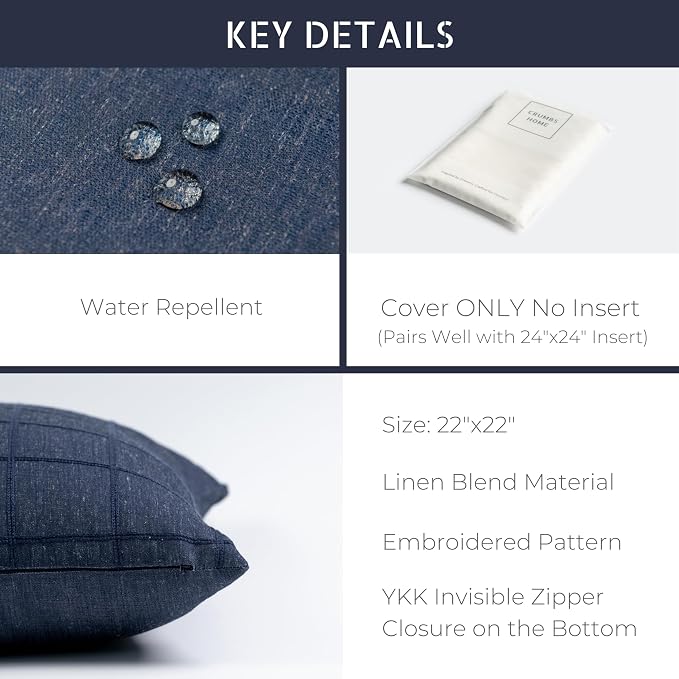 Coastal Linen Indoor Outdoor Throw Pillow Cover Only, 22"x22" Water Repellent for Patio, Backyard, Couch, Dark Navy Plaid