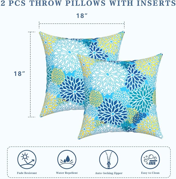 LVTXIII Outdoor/Indoor Throw Pillows, Decorative Throw Pillows with Inserts, 18"x18" Square Pillows for Bed, Couch, Sofa and Patio Furniture (Set of 2, Dahlia Blue)