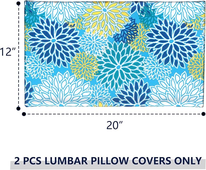 Outdoor Lumbar Pillow Covers 12”x20”, Rectangle Throw Pillow Covers for Patio Furniture, Decorative Lumbar Cushion Case for Garden Balcony Couch Office Chair, Pack of 2, Dahlia Blue