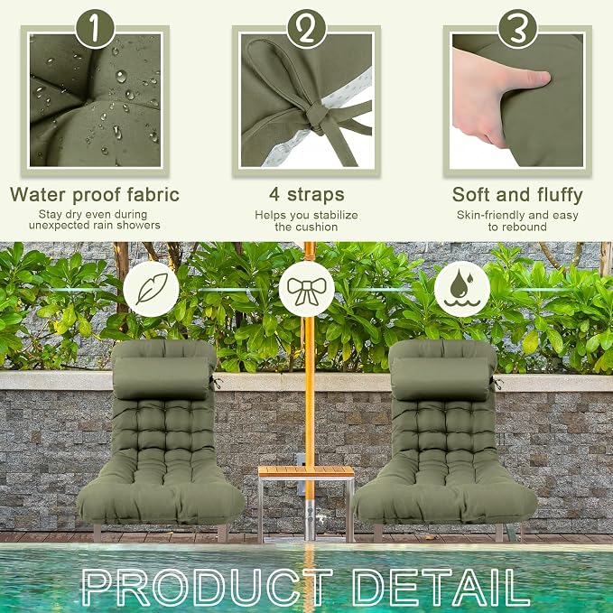 Tudomro Outdoor Chaise Lounge Cushion 66x21x4'' Waterproof & Fade-Resistant Patio Pool Chaise Lounge Cushion Headrest Pillow Tie Replacement Rocking High Back Chair(Olive Green,Set of 2)