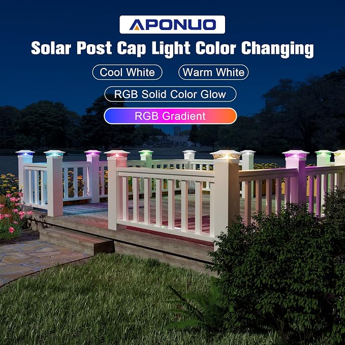APONUO Solar Post Cap Lights with 8 RGB Solid Colors & Multicolor Flow - 16 Pack Fence Post Solar Lights, IP65 Waterproof - Fits 4x4 5x5 6x6 Wood & Vinyl Posts - White