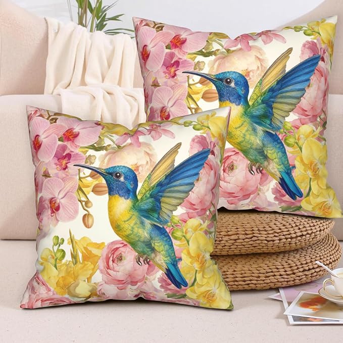 Spring Pillow Covers 22x22 Set of 2 Hummingbird Throw Pillow Covers Pink Yellow Moth Orchid Buttercup Floral Pillow Case for Home Decor Couch Sofa