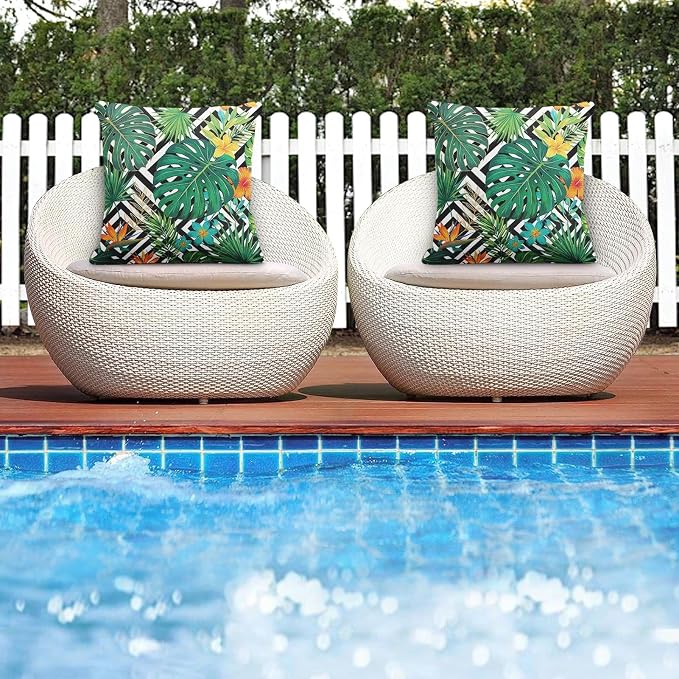 Throw Pillow Covers, Leaf Striped, Set of 2, 18 x 18 Inch | Tropical Botanical Outdoor Waterproof Pillowcase Square Cushion Case Farmhouse Garden Decorative Pillows for Couch