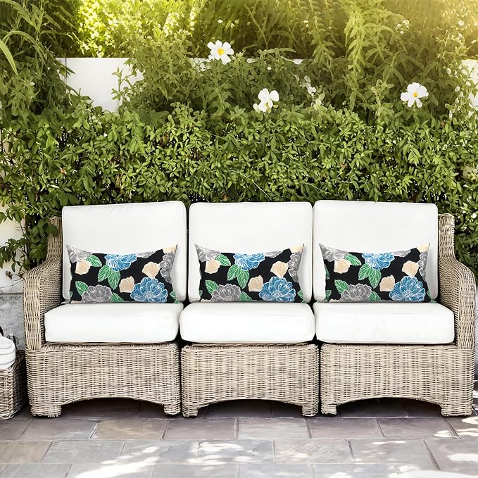 LVTLVTXIII 12×20 Inch Outdoor Lumbar Pillows, Pack of 2 Water Repellent Lumbar Pillow with Inserts, Fluffy Decorative Garden Lumbar Cushions for Home Patio Coach Sofa Use, Peony Garden