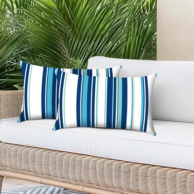 Outdoor Pillows for Lounge Chair Head Resting 2 Pack Waterproof | Headrest Lumbar Pillows with Adjustable Strap for Recliner Beach Pool Lounger Chair, Blue Stripes