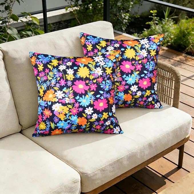 ONWAY Outdoor Floral Pillow Covers 18X18 inch Set of 2 Waterproof Yellow and Pink Flowers Black Decorative Throw Pillowcases for Patio Furniture Garden Spring Summer Cushion Cover