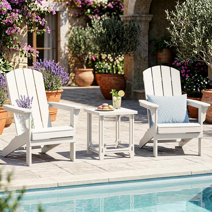 Tangkula Outdoor Adirondack Side Table Set of 2, 18" Heavy Duty HDPE Patio End Table with Slatted Surface, 0-Screw Assembly, Easy Maintenance, Small Side Table for Porch, Pool, Garden, Deck (White,2)