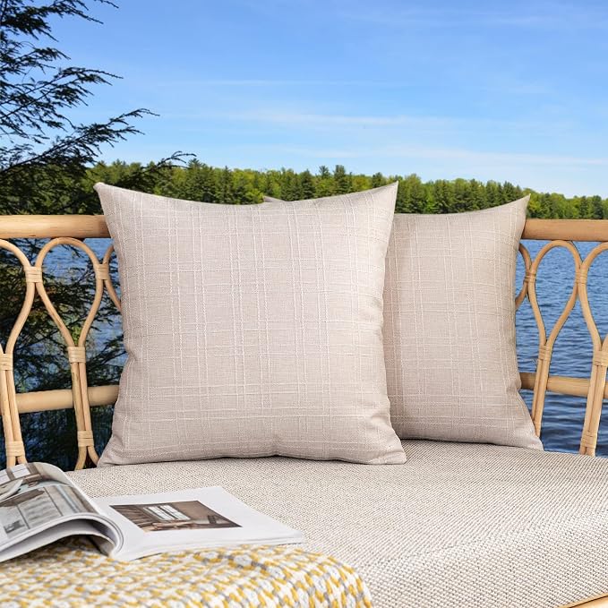 Kevin Textile Outdoor Waterproof 26”x26” Pillow Covers 2 Pack, Light Beige | Water Resistant, Soft Faux Linen-cotton Yarn-dyed Woven Texture Throw Pillow Covers for Tent Patio Garden Couch Sofa