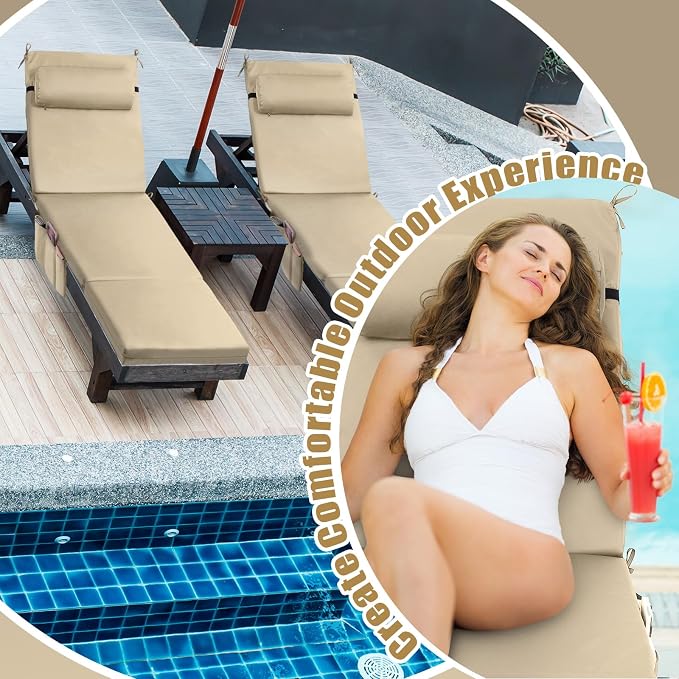 RattanView 2 Pcs Outdoor Chaise Lounge Cushion with Pillow and Side Pockets Waterproof Lounge Chair Cushions for Outdoor Furniture Patio Lounger Pad for Outside Pool Lawn (Beige,72 x 21 x 4)