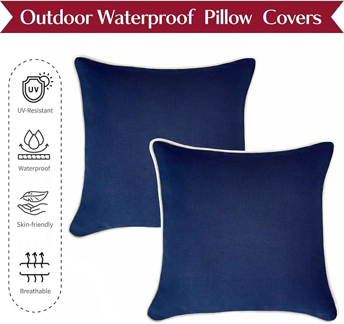 HER HWA Outdoor Throw Pillow Covers White Piping 18"x18" Set of 2, Blue | durable fade-resistant water-resistant 100% polyester white piping smooth zipper machine washable for indoor outdoor décor