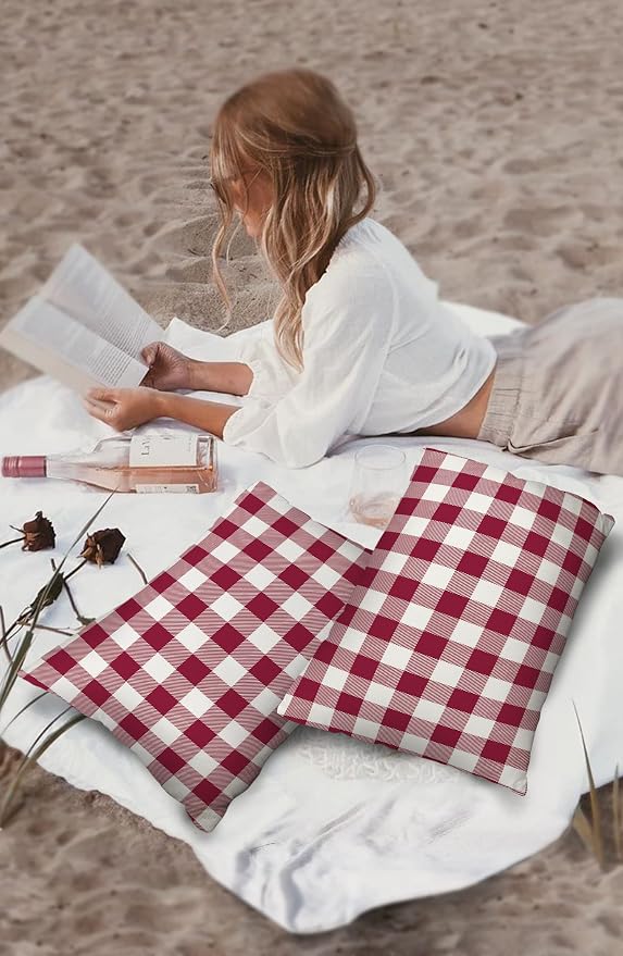 Outdoor Waterproof Throw Pillow Covers Set of 2 Wine Red Buffalo Check Plaid Lumbar Pillowcases 20x12 Inches Farmhouse Style Patio Decorative Pillows Cushion Case Patio Pillows for Couch Bed Garden