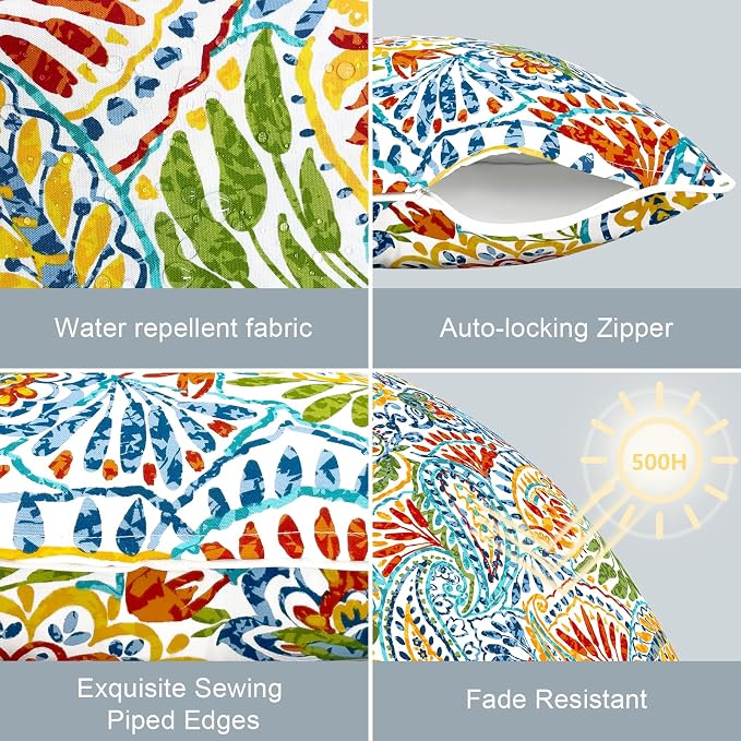 LVTXIII Pack of 2 Outdoor Throw Pillow Covers Accent Waterproof Pillow Covers ONLY, Patio Square Cushion Cases for Garden Balcony Couch Sofa Decoration 20x20 inch, Paisley Multi