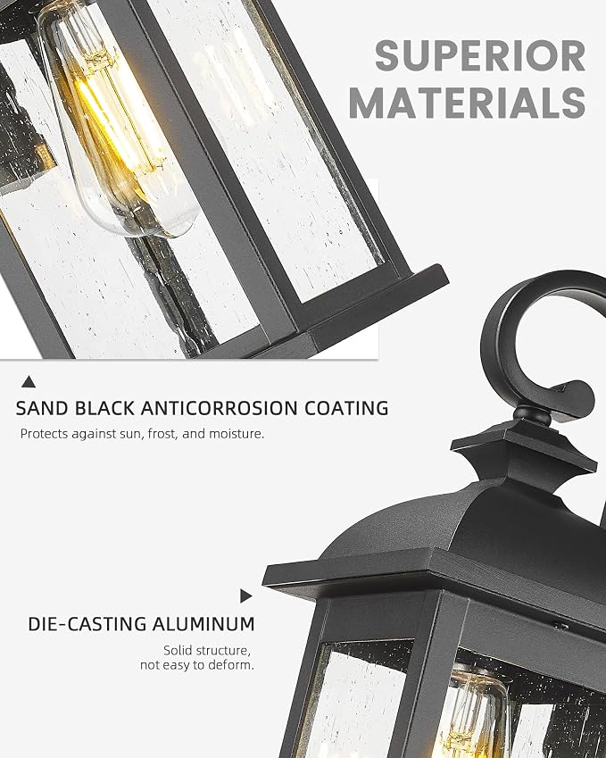 FEMILA Exterior Wall Sconce, 2 Packs Outdoor Waterproof Wall Lights Fixture, E26 Socket Wall Lantern for Porch, Anti-Rust Matte Black Finish with Seeded Glass Lampshade, 4FD54B-2PK BK