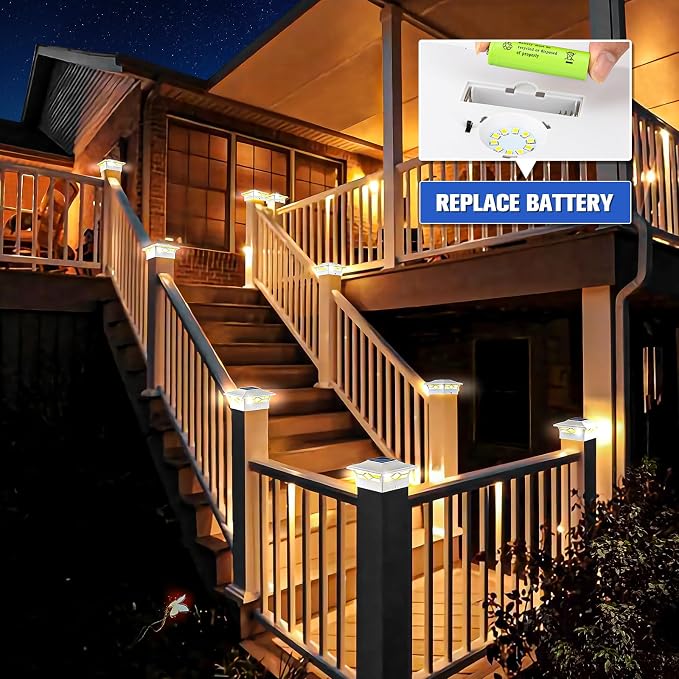 VOLISUN Solar Post Cap Lights: 2 - Pack Outdoor Deck Post Cap Lights White for Dock Fence Waterproof 2 Color Modes,4x4/6x6 Wooden/Vinyl Posts
