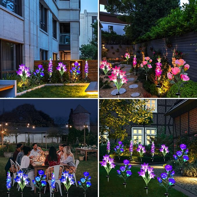 Solar Garden Lights Waterproof, 3 Pack Solar Flowers Lights Includes Lily Rose Delphinium, Gardening Gifts for Mom Grandma Women, 7-Color Changing Outdoor Decor for Garden Yard Patio Lawn