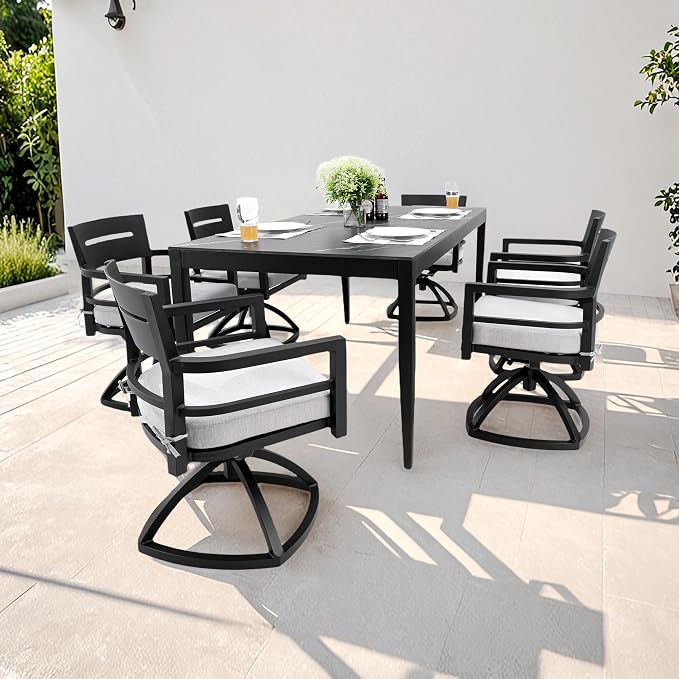 7PC Aluminum Outdoor Patio Dining Set, 71”Rectangular Dining Table with Black Marble Pattern Sintered Stone Top and 6 Cushioned Swivel Rockers, All-Weather Patio Furniture