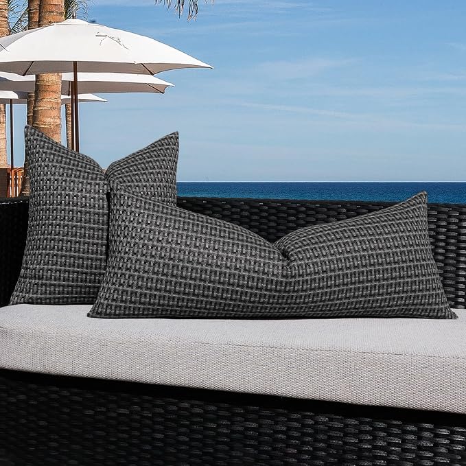 Kevin Textile Outdoor Waterproof 14"x36" Pillow Cover 1 Pack, Black | Water Resistant Weaving Faux Linen Texture Throw Pillow Covers, Outside Decorative Pillowcases for Garden Patio Balcony Couch