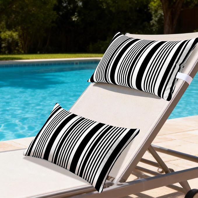 Outdoor Pillows for Lounge Chair Head Resting 2 Pack Waterproof | Headrest Lumbar Pillows with Adjustable Strap for Recliner Beach Pool Lounger Chair, Black White