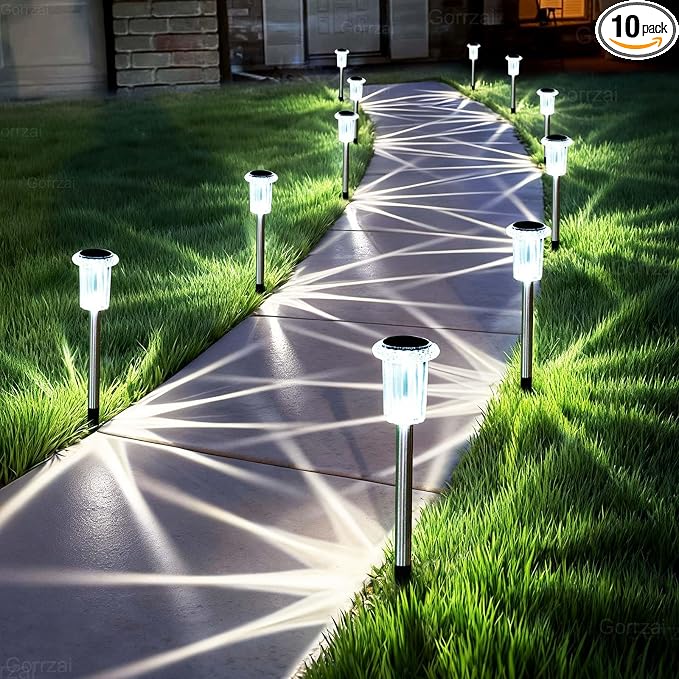 10 Pack Solar Pathway Lights Outdoor Waterproof, Cool White LED | Solar Lights Outdoor for Yard Garden Outside Walkway Driveway Landscape Lighting, Auto On/Off Stainless Steel Stake Lights