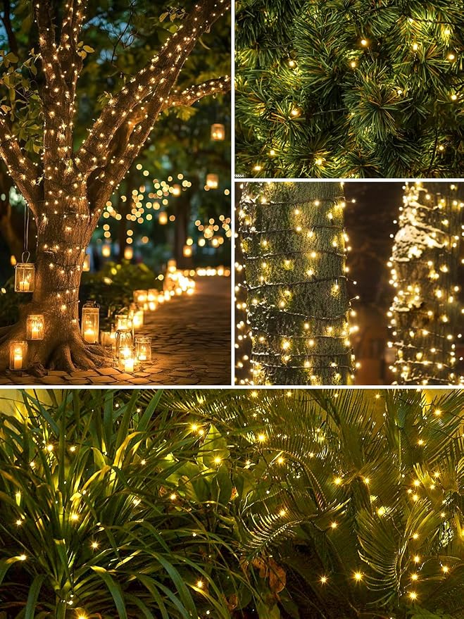 Solar String Lights Outdoor 2 Pack 200 LED Solar Christmas Light Warm White | 8 Lighting Modes, Memory Function, Auto On/Off, 66FT Waterproof Twinkle Lights for Outside Garden Yard Party Xmas Tree Decor