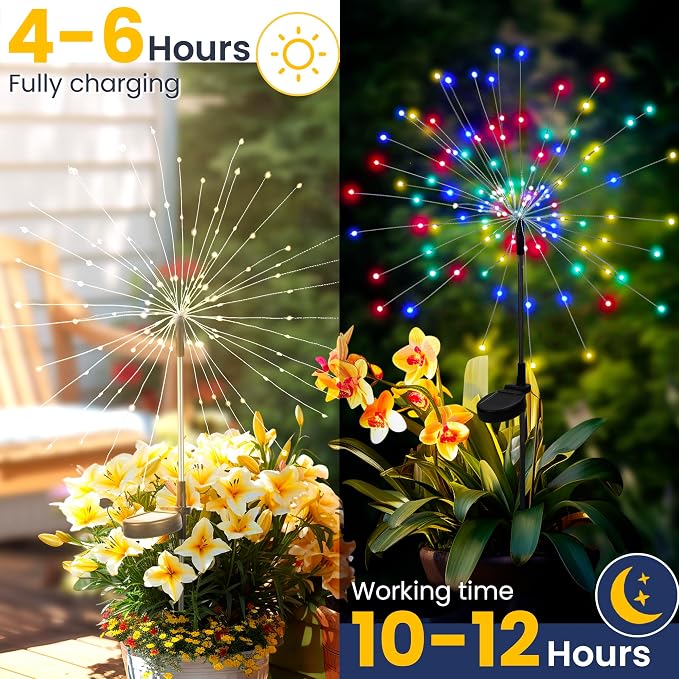 GIGALUMI 8 Pack Solar Firework Lights Outdoor, Garden Decor, Multicolored | 120 LEDs, Fairy Design, Waterproof, Garden Decor, Solar Powered for Yard, Pathway, Flowerbed, Planter, Balcony, Gifts for Mom