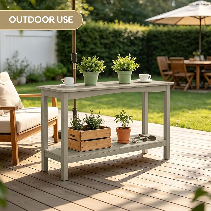 Weatherproof HIPS Outdoor Console Table, 48'' 2-Shelf Side Table Indoor/Outdoor Use, Multifunctional Buffet Table Bar Storage Organizer for Entryway, Patio, Outside Plant Stand Table, Champagne