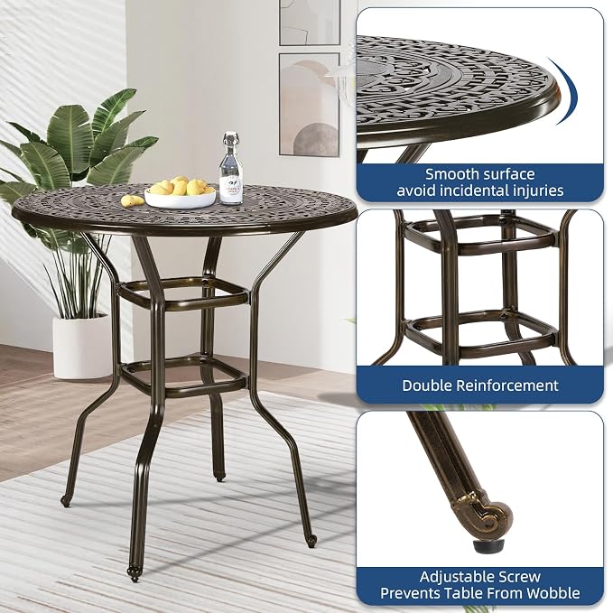 Outdoor Cast Aluminum Bar Table, 38.5" Patio Bar Height Table with 2" Umbrella Hole, All Weather High Top Bistro Round Dining Table for Outside Deck Porch Balcony Poolside, Dark Bronze