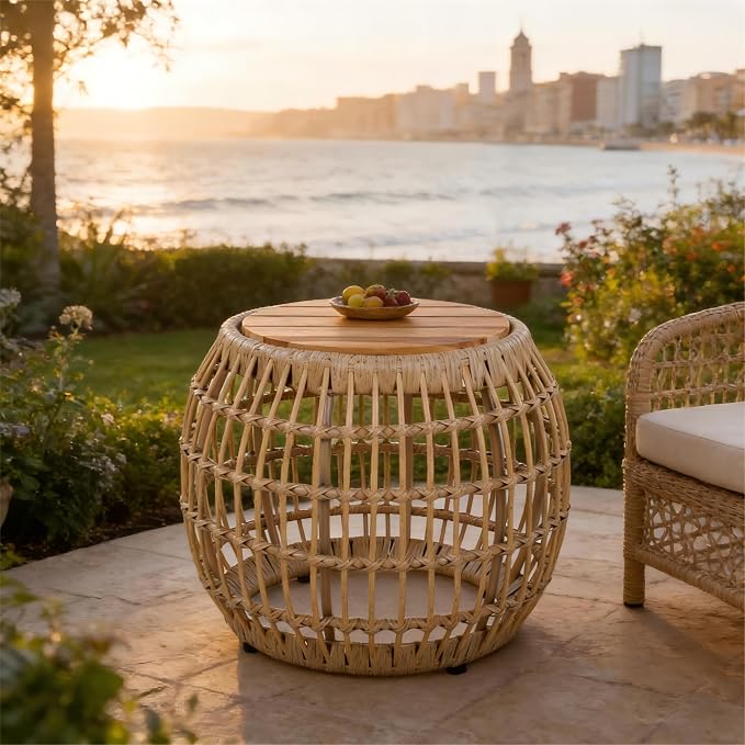 Polibi Outdoor Side Table with Handwoven Wicker Base, Weather-Resistant Outdoor/Indoor Accent Table for Patio, Balcony, Garden, Coastal & Farmhouse Decor(Light Brown)