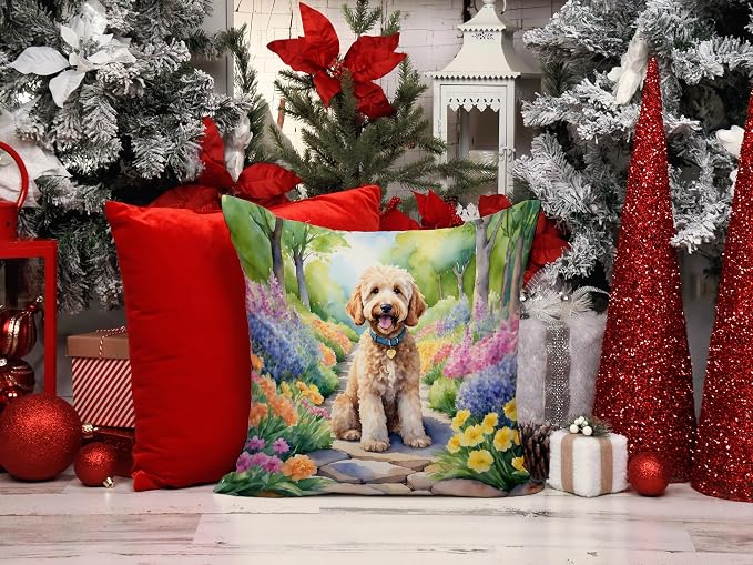 Caroline's Treasures Goldendoodle Spring Path Throw Pillow Machine Washable, Indoor Outdoor Decorative Pillow for Couch, Bed or Patio, 14Hx14W