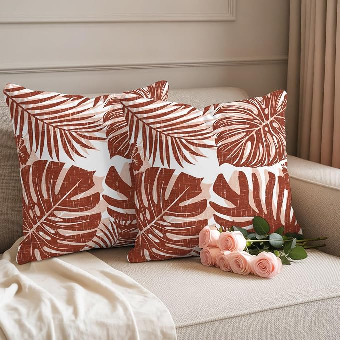 Copper Palm Leaves Outdoor Pillow Covers 16"x16" Set of 2, Tropical Botanical Minimalist Modern Waterproof Throw Pillow Covers for Patio Furniture, Decorative Cushion Covers for Porch