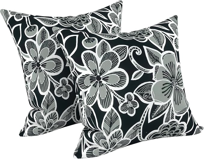 LVTXIII Outdoor/Indoor Throw Pillows, Decorative Throw Pillows with Inserts, 18"x18" Square Pillows for Bed, Couch, Sofa and Patio Furniture, Set of 2, Flower Black