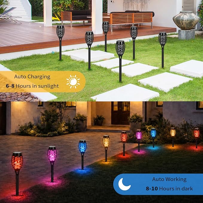 8 Pack Solar Lights Outdoor, Multicolor Flickering Flame Torches | Multicolor Flickering Flame, Long Nighttime Glow, Auto-On at Dusk, IP65 Weather-Resistant, Tool-Free Ground Setup