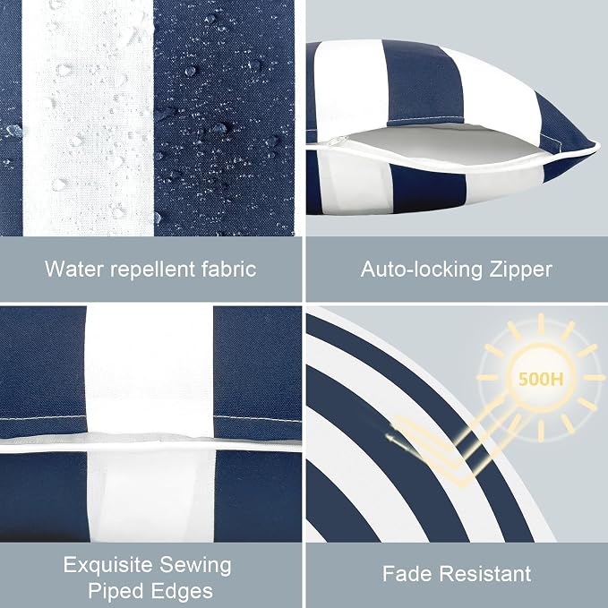 LVTXIII Outdoor Throw Pillow Covers Set of 2, Patio Waterproof Pillow Cases Fade Resistant Accent Pillow Covers for Home and Garden Furniture Decoration, 18"x18", Cabana Navy
