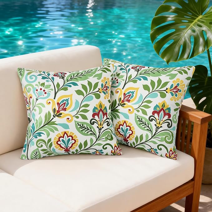 Floral Waterproof Outdoor Throw Pillow Covers 18x18 Inch Set of 2 | Green and Yellow Floral Pillow Cover, Summer Outdoor Decor Cushion Cases for Garden Patio Balcony Funiture Porch Couch Sofa