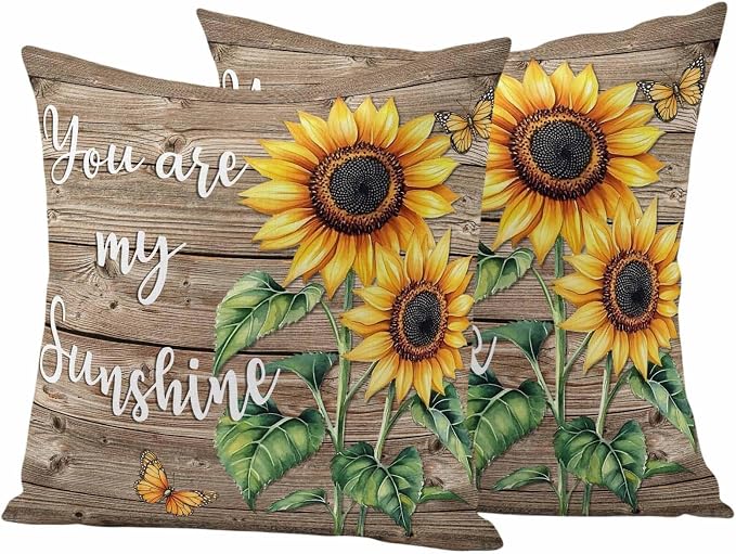 Sunflower Outdoor Waterproof Throw Pillow Covers Set of 2, 24"x24", You are My Sun Shine Vintage Brown Wood Board Decorative Pillow Covers Outside Cushion Case for Patio Porch Garden