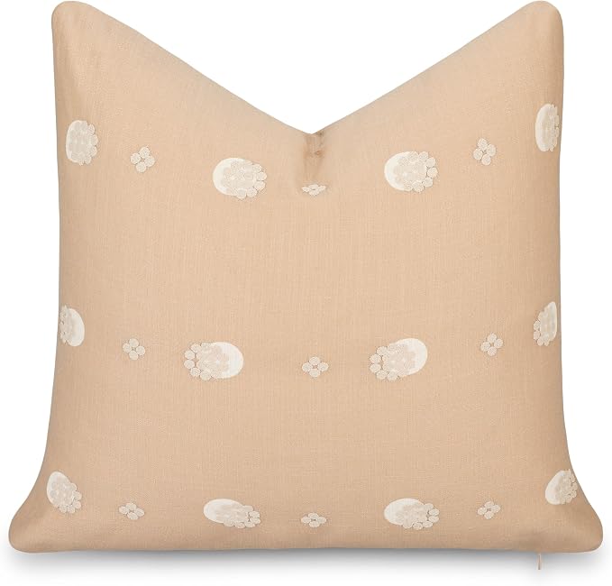 Crumbs Home Modern Farmhouse California Casual Indoor Outdoor Throw Pillow Cover, 20"x20" Water Repellent for Patio, Backyard, Couch, Poolside, Earth Tone Tan Neutral Embroidered Striped Dots