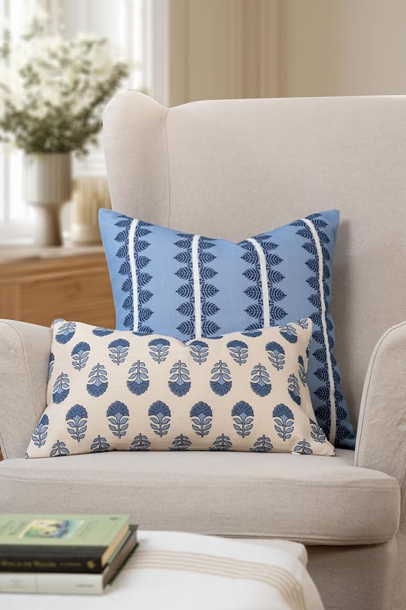 California Casual Coastal Indoor Outdoor Throw Pillow Cover, 20"x20" Water Repellent for Patio, Backyard, Couch, Poolside, Dark Navy Blue Print Leaves Stripes