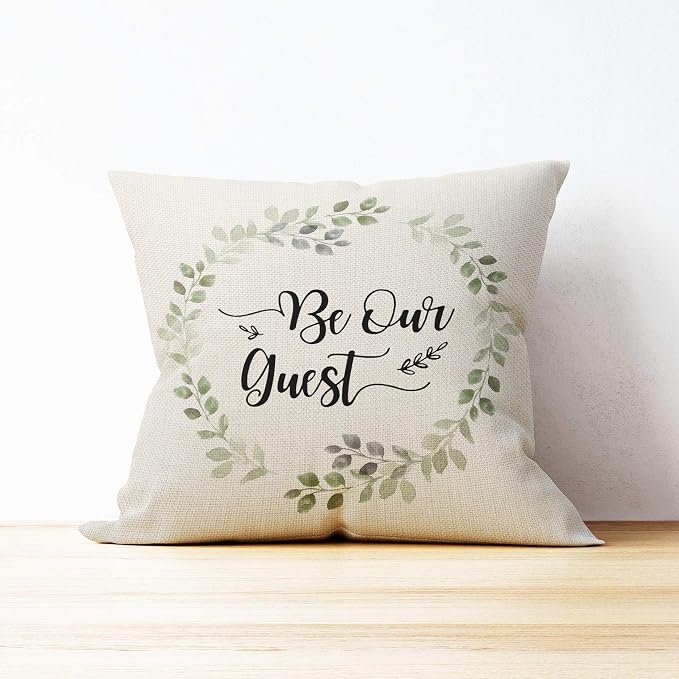 Be Our Guest Throw Pillow Case, for Guest Room Decorative Pillow Case, 18 x 18 Inch Decorative Cotton Linen Cushion Cover for Guest Bedroom Sofa Couch Bed, Housewarming Gifts Family Room Decor