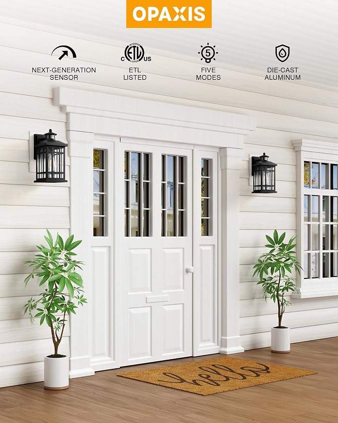 Motion Sensor Outdoor Light Adjustable Sensing Range, 2 Pack Black Dusk to Dawn Exterior Lighting Fixtures with Seed Glass, Aluminum Anti-Rust Outside Lights for House Garage Doorway Garden