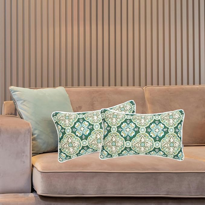 FUNHOME Outdoor Lumbar Pillow with Insert 12x20 Inch Pack of 2-Green Medal | Outdoor Pillows for Patio Furniture, Water-Repellent, Decorative Garden Pillows for Home Patio Coach Sofa Use