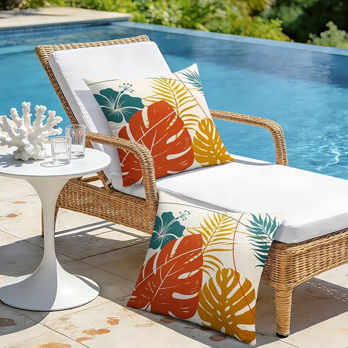 OTOSTAR Outdoor Waterproof Throw Pillow Covers 16x16 Inch Set of 2 Double-Sided Orange Yellow Tropical Leaf and Flower Spring Summer Decorative Pillow Cases for Patio Funiture Garden Balcony Couch