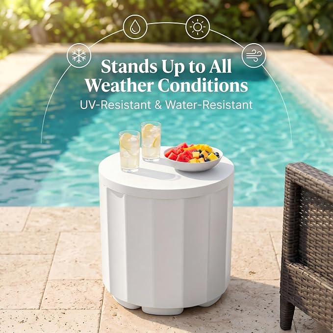 Outdoor Cooler Side Table, 2-in-1 Versatile Ice Cooler Table, Broad Fluted Outdoor Accent Table with Hangable Lid, All-Weather Resistant for Patio Decor, Deck, BBQ, Beach, White