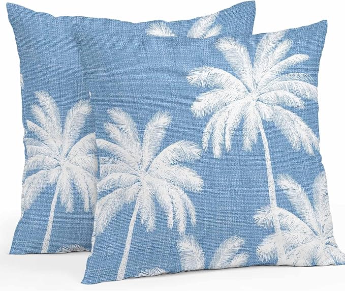 Outdoor Pillow Covers 18x18 Inch Set of 2, Blue Palm Trees Waterproof Throw Pillow Covers, Farmhouse Tropical Summer Beach Decorative Cushion Pillowcases for Couch, Sofa, Bed, Garden, Patio