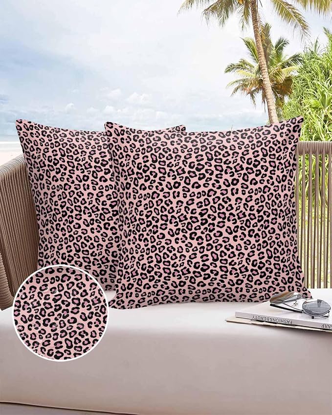 Vandarllin Outdoor Throw Pillows Covers 16x16 inch Set of 2 Waterproof Pink Leopard Print Decorative Zippered Cushion Covers for Patio Furniture, Luxury Animal Fur Pattern Lumbar Pillowcases