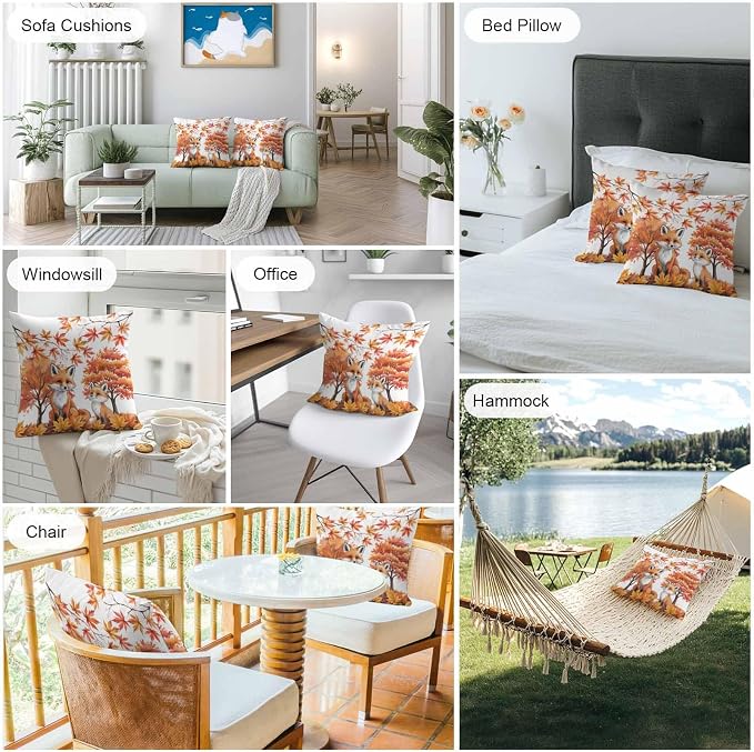 Orange Fox Outdoor Waterproof Pillow Covers, Thanksgiving Maple Leaves Autumn Trees Decorative Square Throw Pillowcase Sofa Cushion Sham for Patio/Couch/Chair, 20"x20" 2 Pack