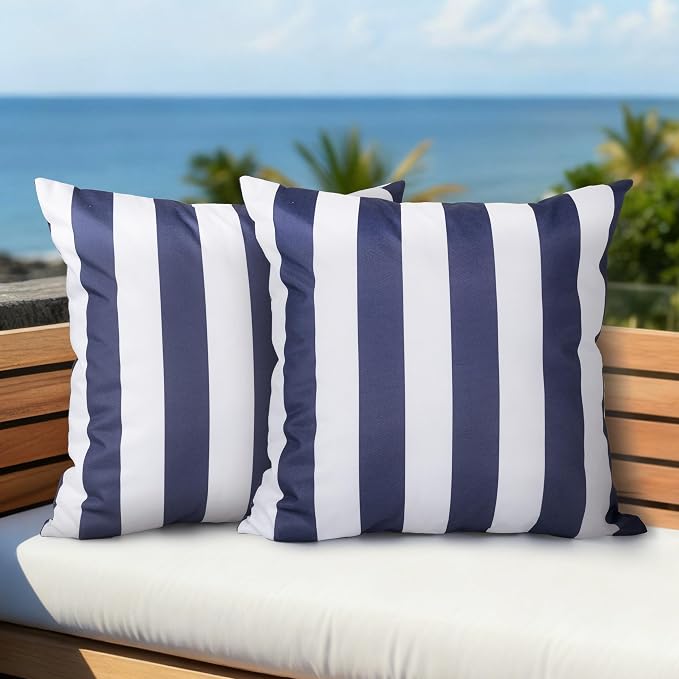 Outdoor Pillow Covers 18x18 Inch, Waterproof Throw Pillow Covers Pack of 2, Water-Resistant Decorative Pillow Case for Patio Furniture Tent Garden, Nautical Navy Blue White Stripes, Cover ONLY